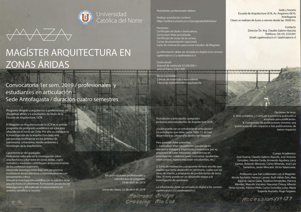 Magíster Arquitectura en Zonas Áridas / Convocatoria 1er semestre 2019 / Postulaciones hasta el 19 de abril